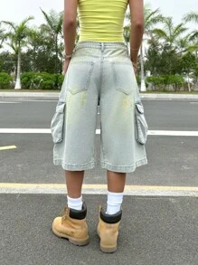 SHEIN EZwear Blue Washed Loose Cargo Style Denim Shorts - Blue - View 2