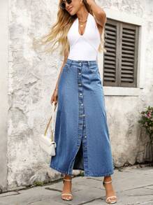 SHEIN Plus Size Women's Single-Breasted Casual Vacation Washed Denim Skirt