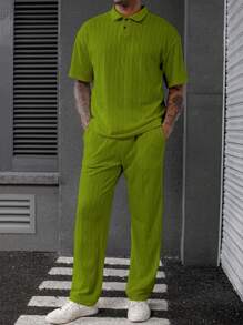 Manfinity Homme Men's Knitted Fabric Polo Top And Pants Set - Green - View 5