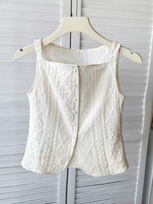 SHEIN Young Girl Sleeveless Geometric Textured Single-Breasted Casual Shirt,Geometric Texture And Micro-Stretch Fabric,Women Slim Fit Top Shirt ,Elegant And Fashionable For Commuting, Simple Fashion Casual Everyday Cami Top, Spring/Summer, Sleeveless Top,Old Money Blouses,Western Wear ,Mommy & Me. - Apricot - View 6
