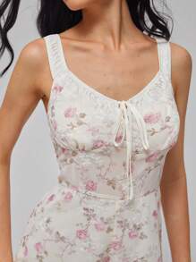 SHEIN 女士雪纺刺绣、印花、混合面料玫瑰花卉图案连体衣，多色，修身，二合一，宽领，可变换领型，领口开衩，宽肩带，前蝴蝶结，胸前荷叶边，系腰，半透明，假日，节日，优雅，性感，奢华，浪漫，休闲，通勤，复古，宫廷风格，春夏 - 杏色 - 查看 4