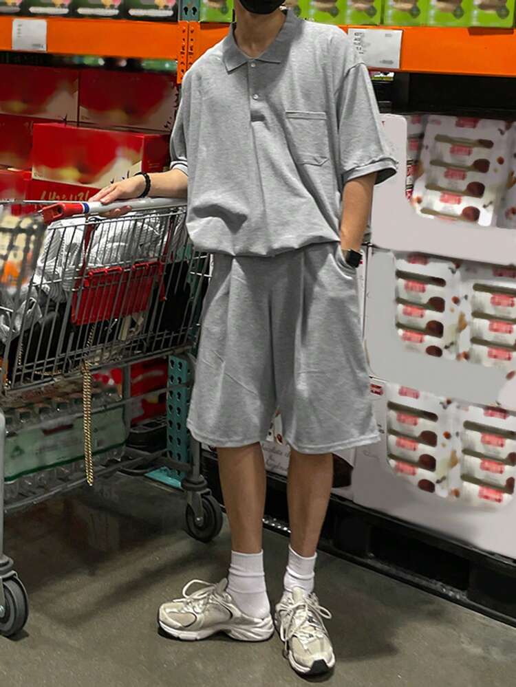 2pcs Men's Casual Grey Short Sleeve Polo Shirt And Shorts Set, Summer