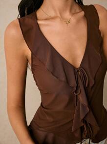 Poéselle Brown Ruffle V Neck Tie Front Sleeveless Top – Y2K Chic Mesh Blouse For Summer,Ruffle Top, V Neck Blouse, Tie Front Top, Brown Mesh Top,Summer Tops Women, Sleeveless Ruffle Top - Coffee Brown - View 5