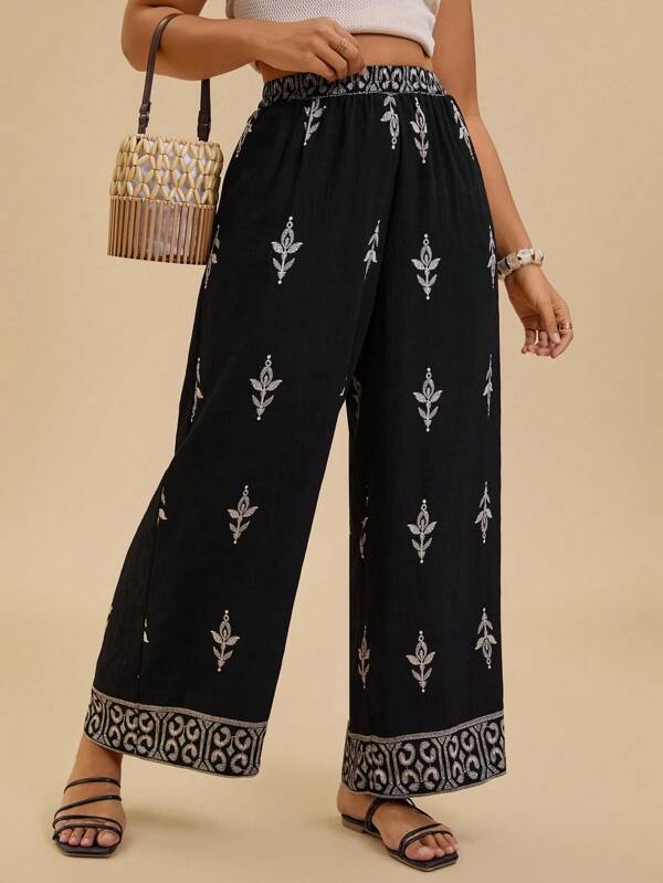 Travachic Pantalones anchos informales de verano para mujer talla grande, de lino transpirable con estampado geométrico y retro