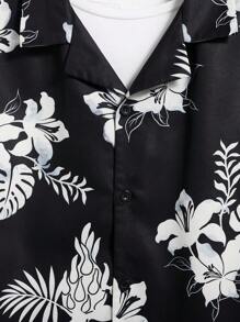 SHEIN Tropical Plant Print Hawaiian Shirt For Teen Boys, Casual College Style, Comfortable & Fashionable, Versatile & Practical, Soft Fabric, Suitable For Daily Wear, School, Travel, Outdoor Activities, Beach Vacation, Spring/Summer - Black - View 8