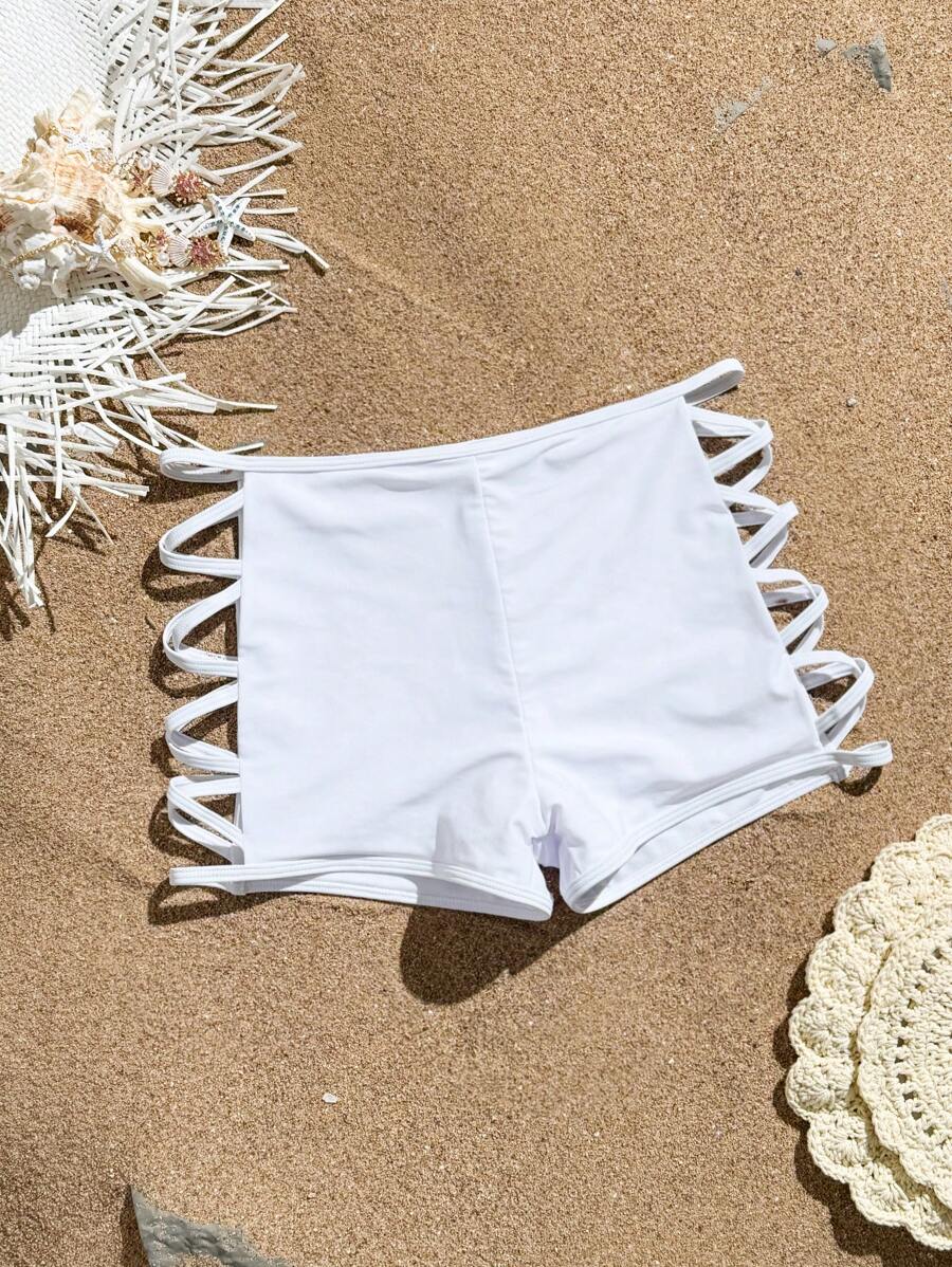 SHEIN Swim Shorts de traje de baño de mujer de unicolor con abertura cruzada, para vacaciones de verano - Blanco - Ver 1