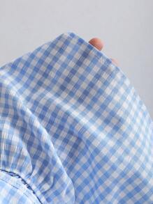 Sweetra Casual Checkered Tie-Front Flare Sleeve Shirt, Everyday Wear Fall Cloth For Women - Baby Blue - View 6