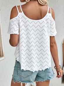 SHEIN LUNE Camiseta de mujer de verano minimalista de unicolor con bordado calado y hombros descubiertos