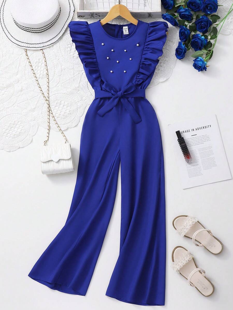 Tween Girls' Olive Green Jumpsuit With Beaded Ruffle Trim, Cute Style For Summer - Blue - View 1