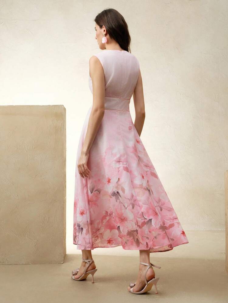 French Design Deep V-Neck Placement Print Sleeveless Midi Dress, Fashionable