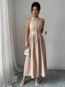 Elenzga Women's Solid Color Front Button Sleeveless Casual Summer Dress - Yellow - View 4