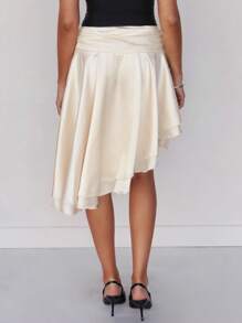 Roylia Women Elegant Satin Pleated Asymmetric Ruffle Hem Skirt - Apricot - View 2