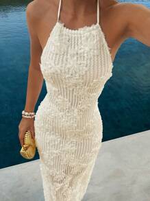 Selianne Women's Embroidered Backless Dress With Textured Design - Apricot - View 6