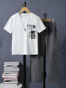 SHEIN Conjunto de camiseta y pantalones con estampado de paisaje urbano para niños preadolescentes