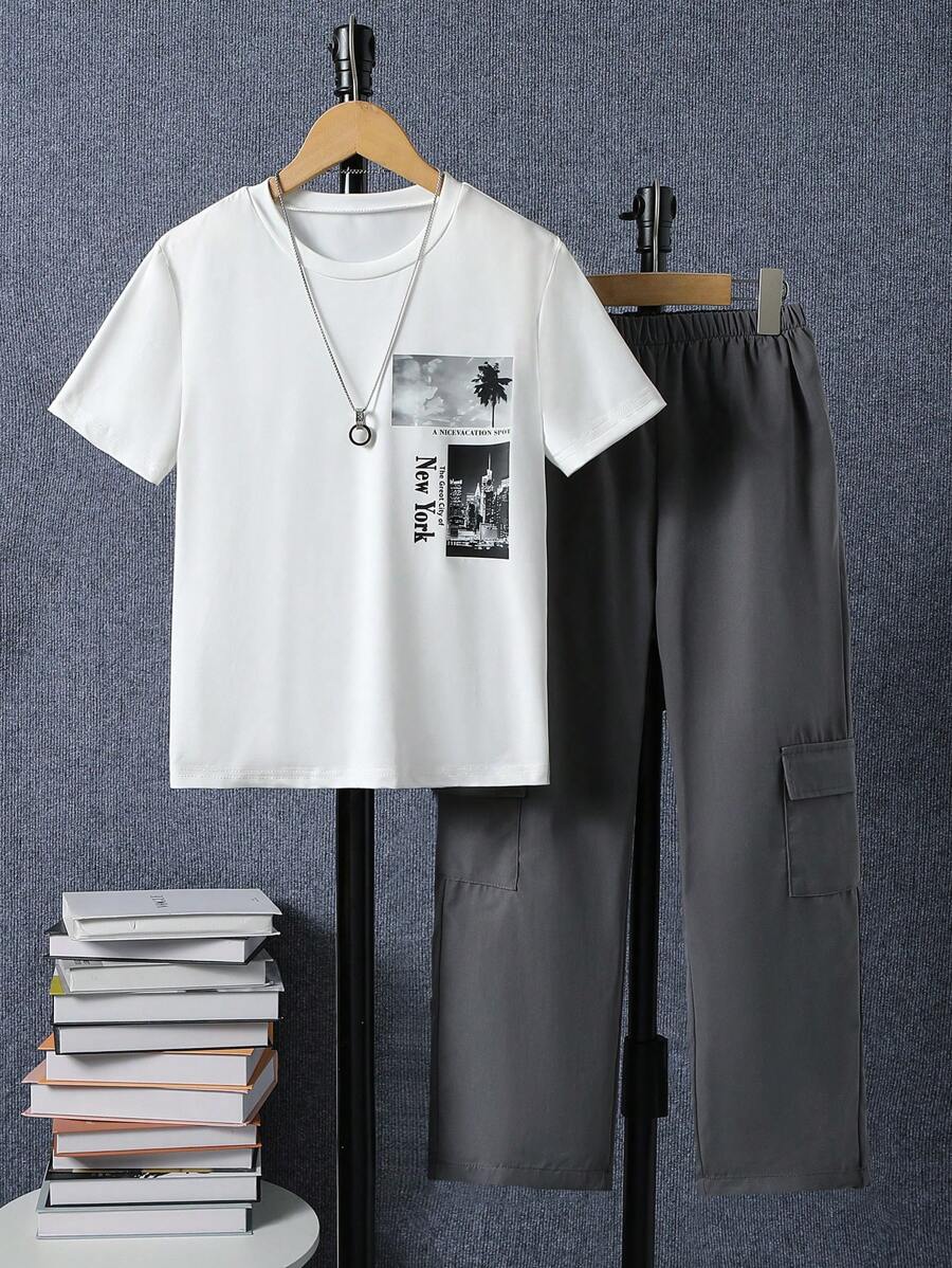 SHEIN Conjunto de camiseta y pantalones con estampado de paisaje urbano para niños preadolescentes