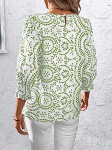 SHEIN Clasi 女士印花泡泡袖衬衫 - 綠色 - 查看 2
