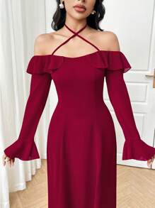 Modelyn Vestido ajustado para fiesta/boda con hombros descubiertos, lazada y fruncido - Rojo - Ver 6