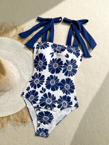 Soleia 女士拼色蝴蝶印花可调节肩带连体泳衣，非常适合度假 - 藍白色 - 查看 6