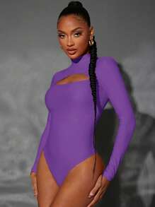 SHEIN SXY Áo liền quần ôm nữ Cắt ra màu trơn Gợi cảm - Màu tím  Violet - Xem 3