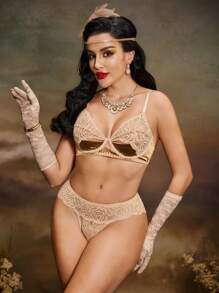 SHEIN 2pcs Lace Woman Underwire Lingerie Set - Apricot - View 6