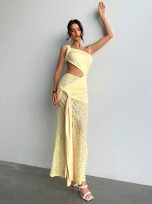 Aloruh Abito mini sexy con vita in pizzo giallo e inserti in pizzo, senza maniche, per donna