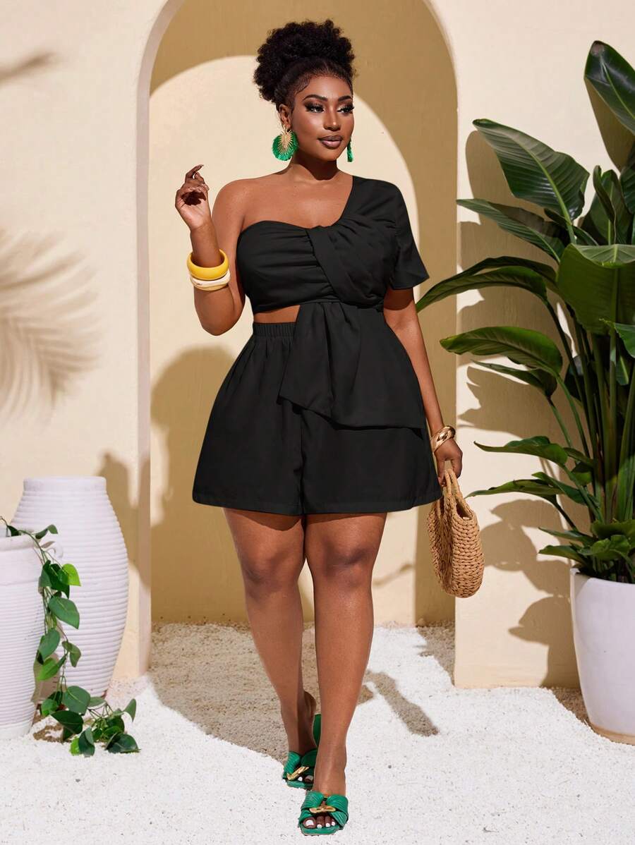 Slaydiva 大码打结前T恤+宽松短裤两件套，度假风亮色 - 黑色 - 查看 1