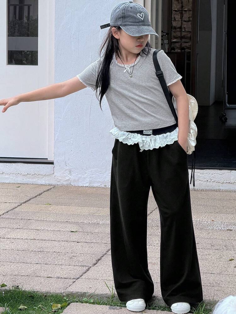 Tween Girls Casual Contrast Lace Round Neck Short Sleeve T-Shirt & Pants 2 Pieces Set, Summer