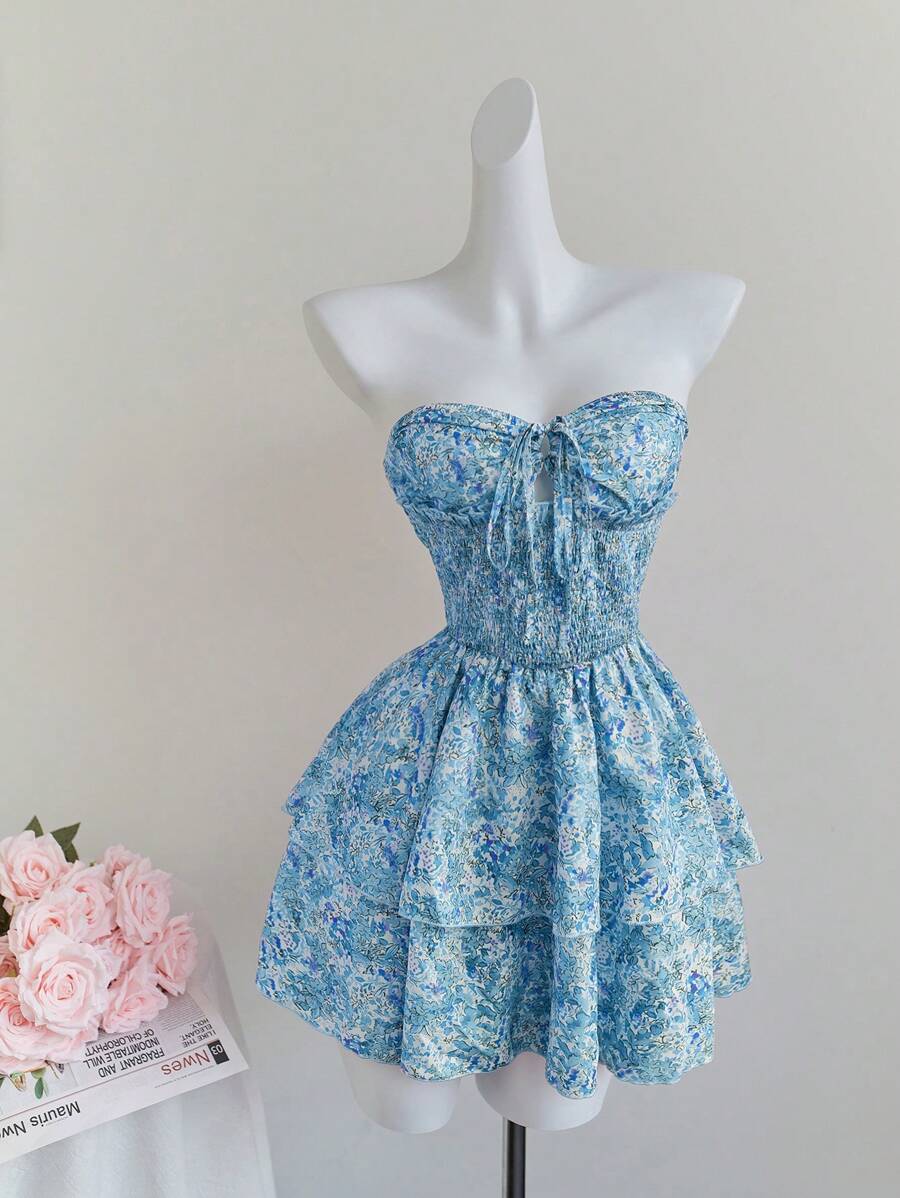 Elamini Ditsy Floral 抽绳腰部收腰双荷叶边下摆露背迷你连衣裙，百搭休闲度假优雅浪漫夏季适合海滩、下午茶、婚礼 - 藍色 - 查看 1