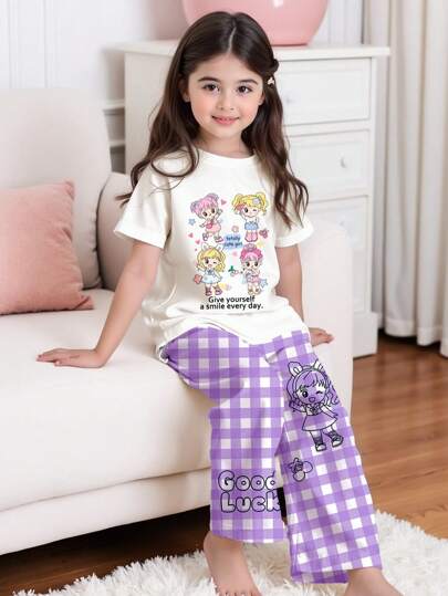 SHEIN Young Girls Casual Slim Fit Round Neck Short Sleeve Pants Pajama Set, Suitable For Summer