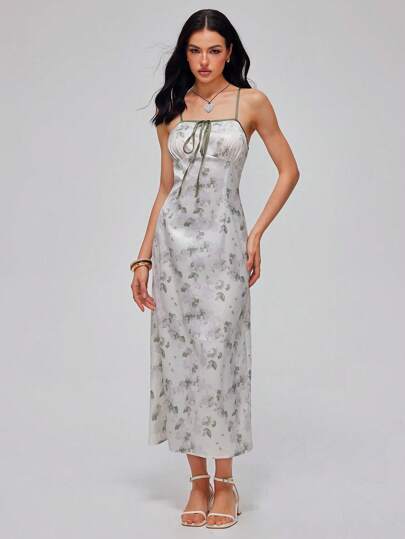 Roylia 女士中长连衣裙，数码印花、扎染、混合图案、大碎花、撞色、系带蝴蝶结、细肩带、露背、超大 A 字廓形，适合派对、婚礼、节日、优雅、性感、奢华、浪漫、别致、简约、春夏