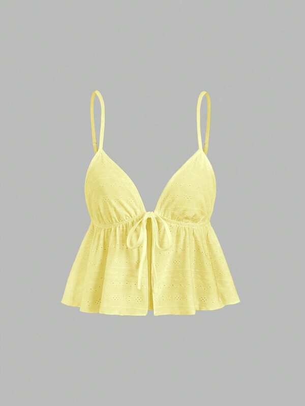 Sweetra Novo top curto feminino estilo férias praia branco camisola vazada jacquard malha decote em V bainha com babados, verão