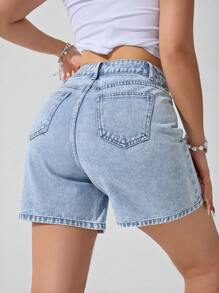 SHEIN ICON 女式纯色口袋休闲牛仔短裤，夏季 - 淺色水洗藍 - 查看 3