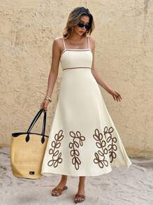 SHEIN Frenchy Vestido de vacaciones con bordado de hojas en los tirantes para mujer, verano