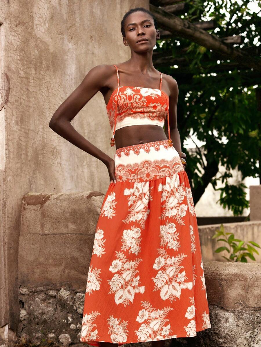 Maija Bộ 2 món gồm áo hai dây và chân váy in họa tiết toàn thân dành cho nữ, thích hợp cho kỳ nghỉ. - Đỏ - Xem 1