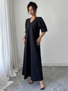 SHEIN Clasi Black Long Dress, Elegant & Graceful Design, Short Sleeve, Casual & Comfortable