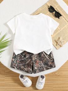 SHEIN 2pcs/Set Baby Boy/Girl Casual Street Sporty Dropped Shoulder Loose Knit Top Tee And Elastic Waist Cargo Pocket Shorts Set, Suitable For Spring/Summer, Homebwear & Outdoor