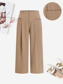 Modelyn Pantalones casuales de pierna ancha de unicolor talla grande, aptos para uso en el trabajo y uso diario en verano - Caqui - Ver 1