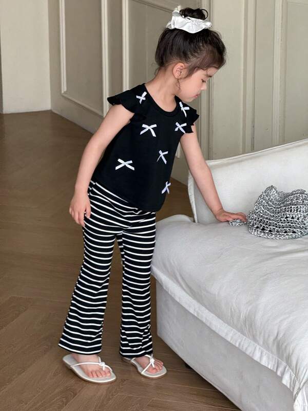 2pcs Young Girl Solid Knit Round Neck Form-Fitting 3D Bow T-Shirt And Knit Striped Flare Pants Set, Suitable For School, Vacation