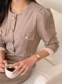 DAZY Women Elegant Mid-Length Patchwork Sleeve Dress - Khaki - View 4