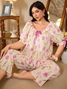 CottageSlumber Cute Country Style Tulip Printed Ruffled Satin Bow Plus Size Pajama Set Holiday Season - Beige - View 1