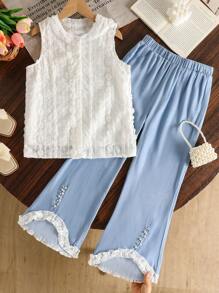 SHEIN Conjunto de 2 piezas elegante para niña preadolescente compuesto por blusa sin mangas de encaje y pantalones azules de encaje con bajo asimétrico