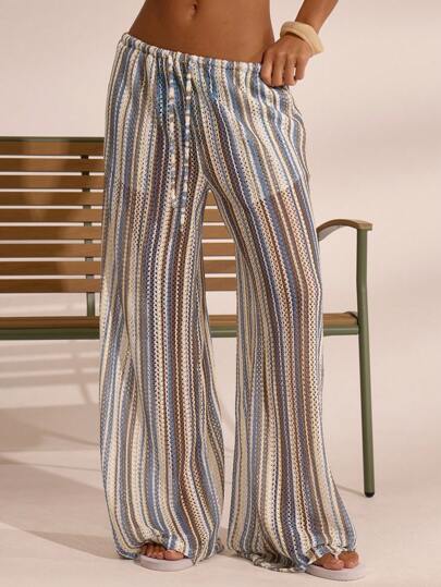 MUSERA 条纹纹理直筒系带腰裤沙滩罩衫夏季度假波西米亚风伊比沙岛优雅沙滩可爱