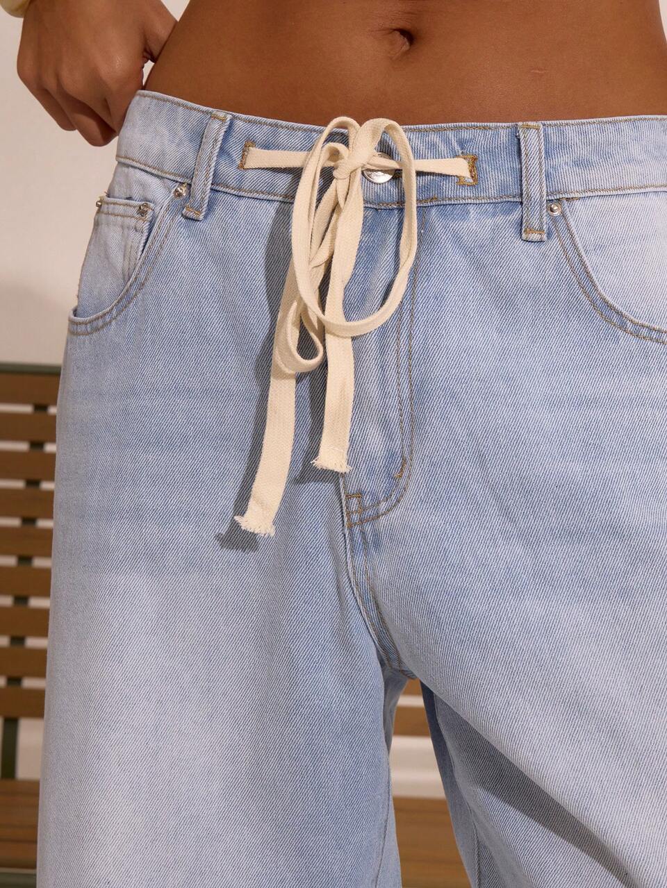 Straight Leg Tie Waist Jeans Summer Vacation Boho Ibiza Elegant Cute The House Concert Casual Back To School Office Work Winter Chic Spring