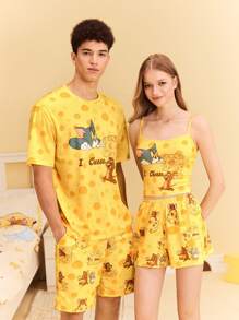 TOM & JERRY X SHEIN 女士黄色吊带背心和短裤睡衣套装，奶油黄色，图案睡衣套装，奶酪图案，卡通图案，居家，休闲，夏季
