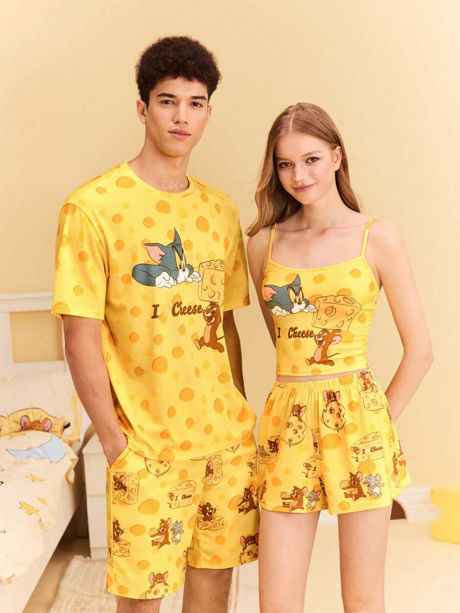 TOM & JERRY X SHEIN 女士黄色吊带背心和短裤睡衣套装，奶油黄色，图案睡衣套装，奶酪图案，卡通图案，居家，休闲，夏季