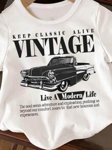 SHEIN Vintage Racing Car Cartoon Print Casual Crew Neck Short Sleeve Top For Baby Boy, Suitable For Summer - White - View 4