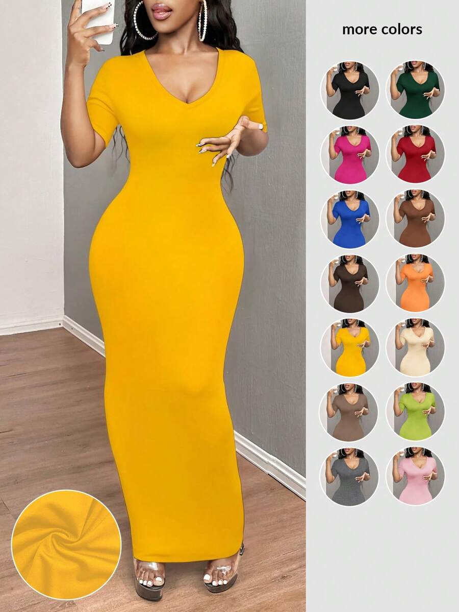 SHEIN SXY 女士纯色 V 领紧身短袖连衣裙 Hoco Dresses - 黃色 - 查看 1