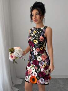 Rafferiza Women's Round Neck Sleeveless Elegant Floral Fitted Mini Skirt