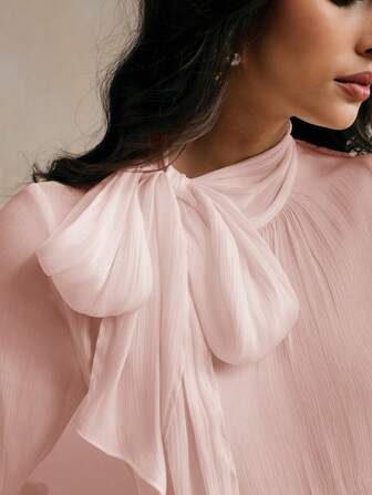 Anewsta Women's Elegant Bowknot Lantern Sleeve High Neck Blouse, Stylish For Commuting