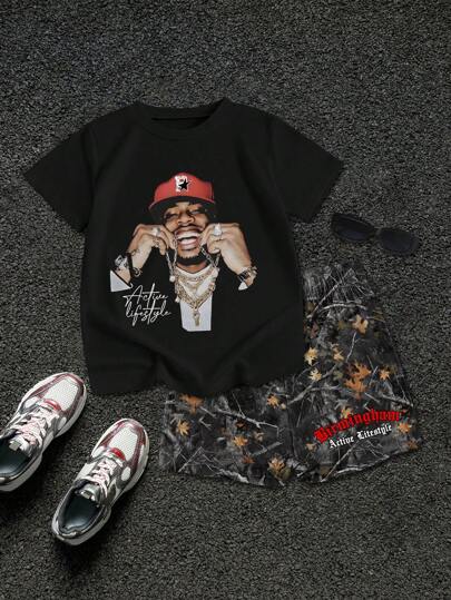 SHEIN Streecool Kids 小男孩圆领短袖T恤和短裤两件套，夏季时尚